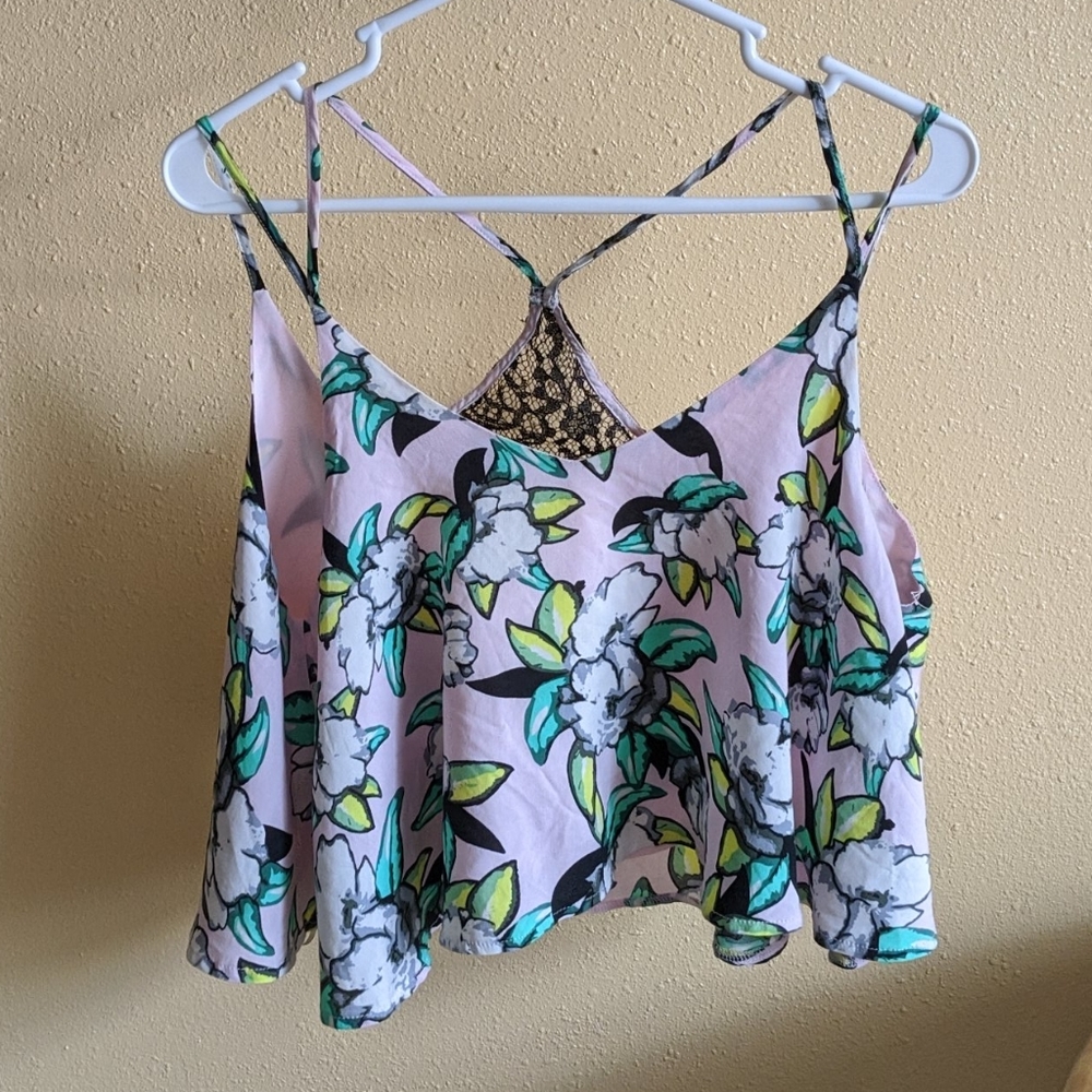 Floral crop top with strappy lace back size medium